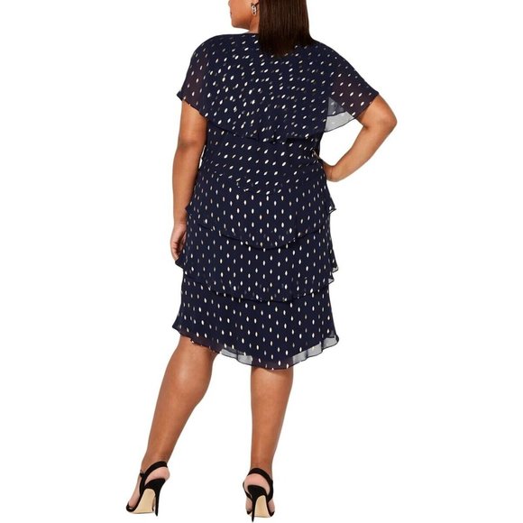 Slny Women’s Blue Polyester Short Sleeve Embellished Flutter Sleeve Midi Dress - Picture 2 of 7